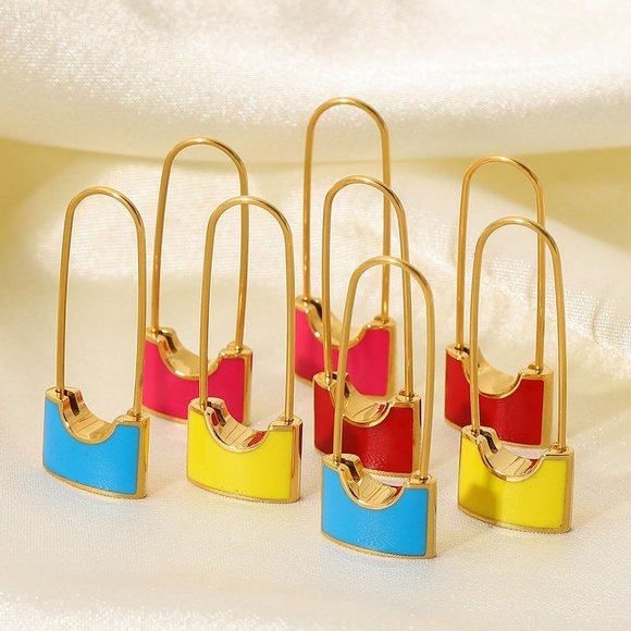 Red Safety Pin Lock‎ Drop Dangle Earrings 18K Gold Plated Stainless Steel - Picture 6 of 10